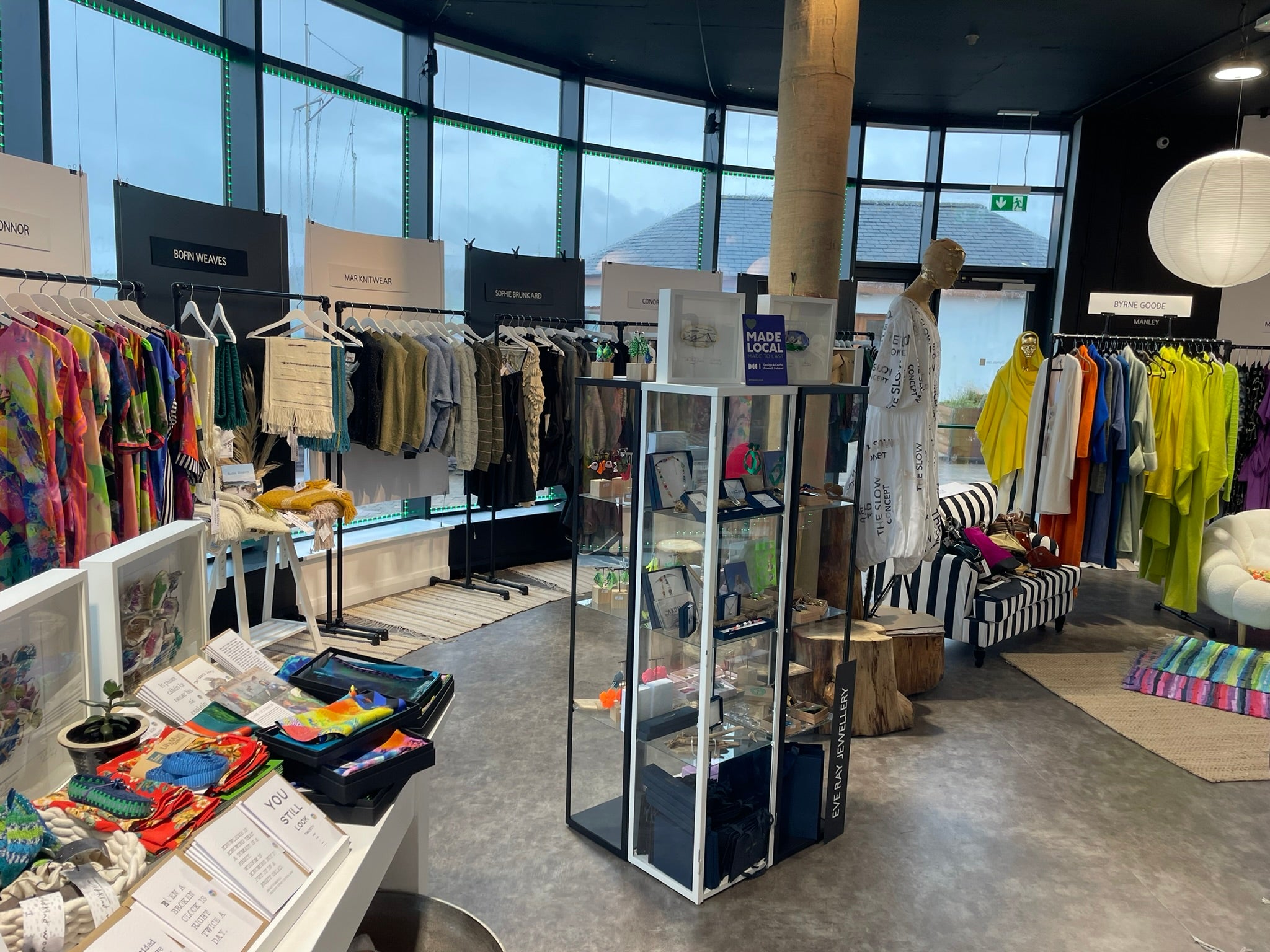 Irish clothing and jewellery displayed inside The Slow Concept